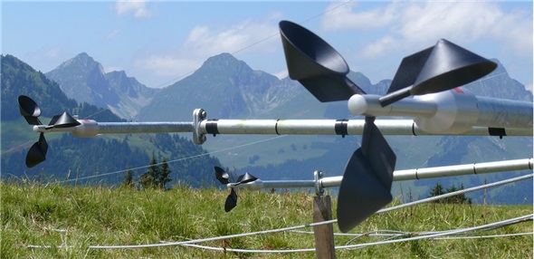 3 Windmesser auf verschiedenen Höhen liefern die Daten, welche 10-minütlich gemittelt erfasst und gespeichert werden. Über das Mobilfunknetz können die Daten aus der Ferne herunter geladen werden.