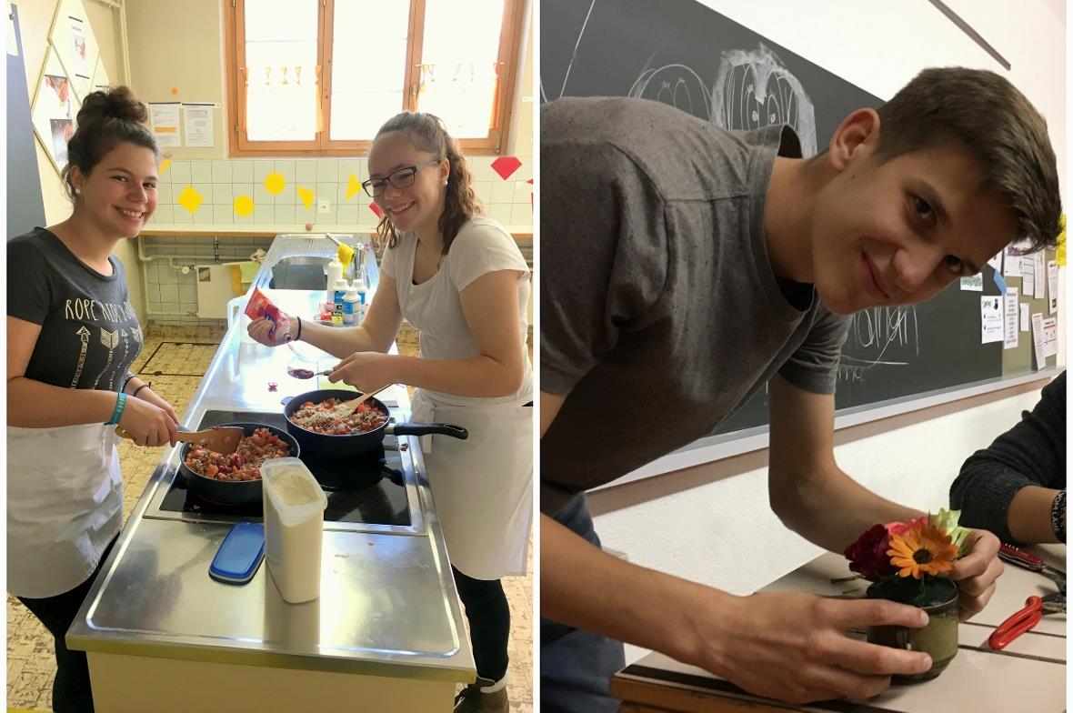 Anina und Nina beim Kochen für die Lehrkräfte und Linus beim Erstellen seines ersten Blumengestecks.