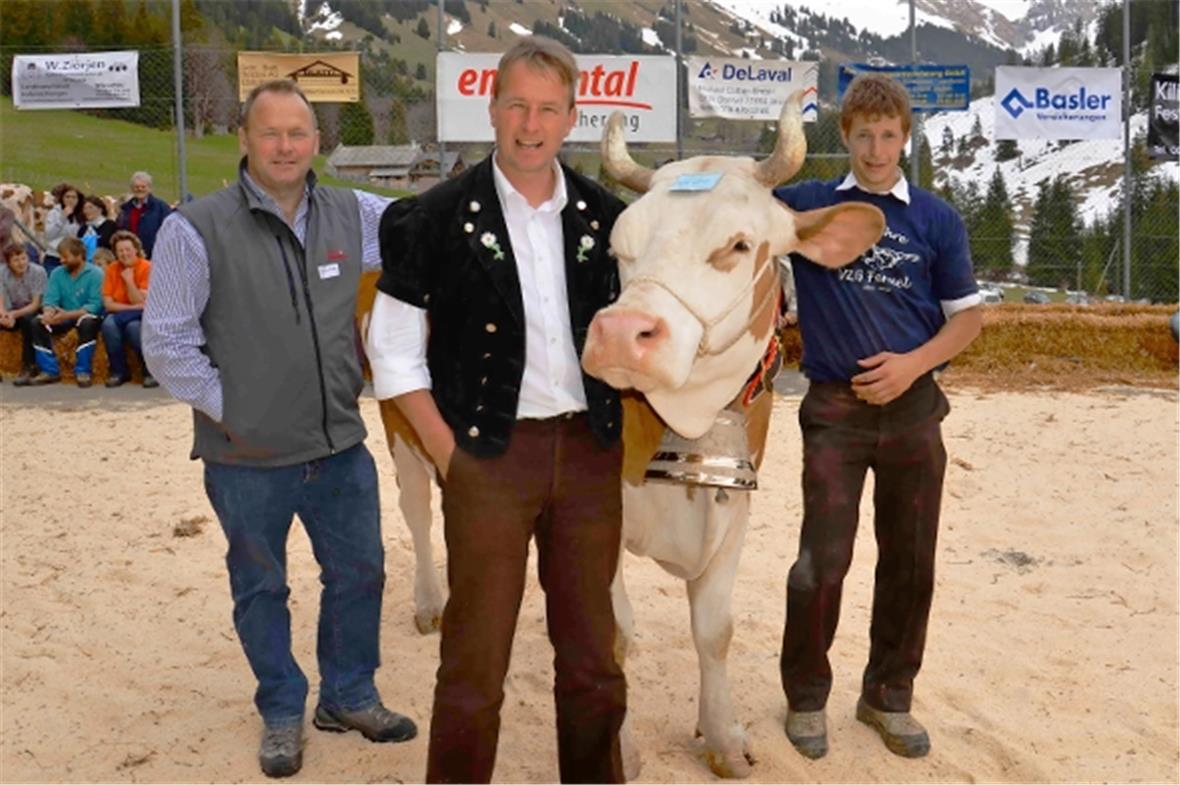 Belinda aus der Klasse 6 hat den grössten Eiweissgehalt. Sie liess sich vom swissherdbook-Präsidenten, NR Andreas Aebi im Beisein von Besitzer Ueli Stucki und seinem Lehrling Dani Eschler die Ehrenglocke umhängen.