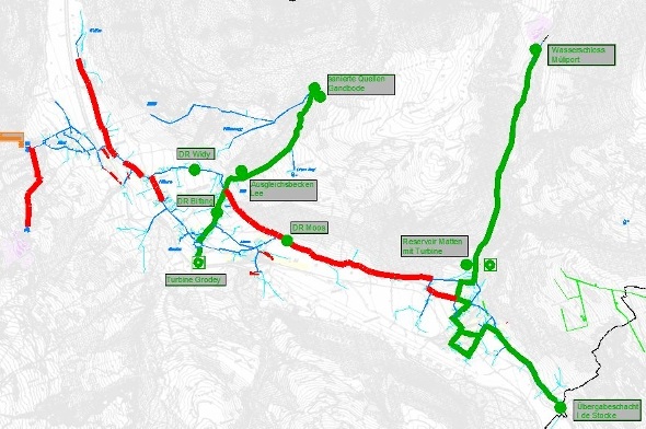 Das Netz der Wasserversorgung nach dem Umbau. Grün=Neubau; Rot=Erneuerung später; Blau=Bestehendes Netz