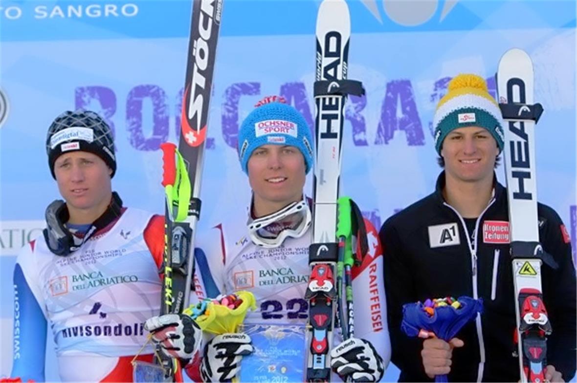 Das Super G-Podest mit Nils Mani, Ralph Weber und Johannes Strolz.