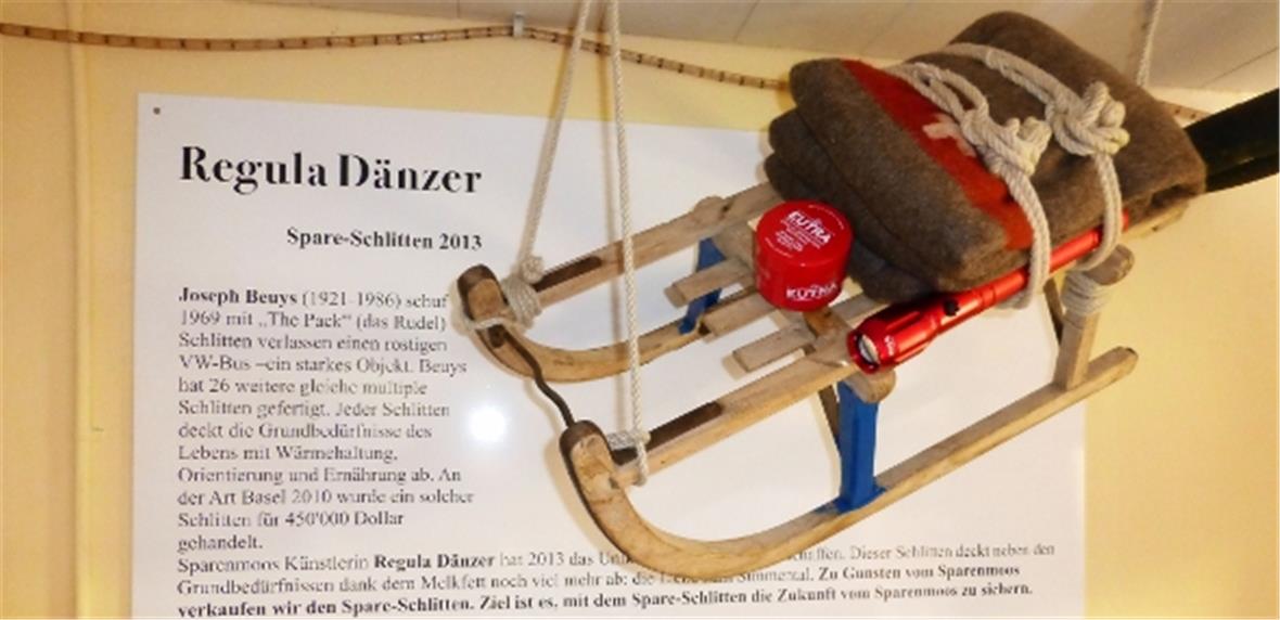 Das starke Kunstobjekt Spare-Schlitten von Regula Dänzer ist im Entree der Buvette MUMA ausgestellt und wird versteigert. Bereits ist ein erstes Gebot von Kai Balsiger, Werbeatelier in Zweisimmen eingegangen. Der Weg zur Million ist noch weit.