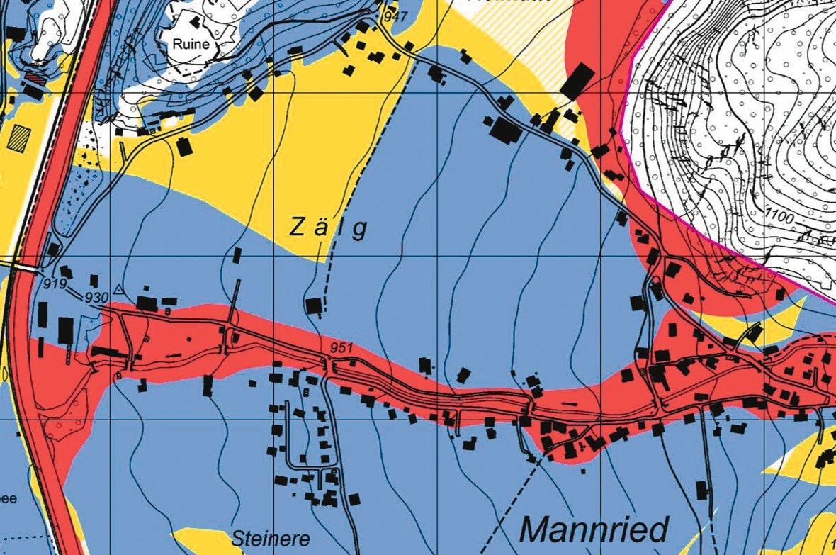 Der Dorfteil Mannried in der neuen Gefahrenkarte der Gemeinde Zweisimmen. Quelle...