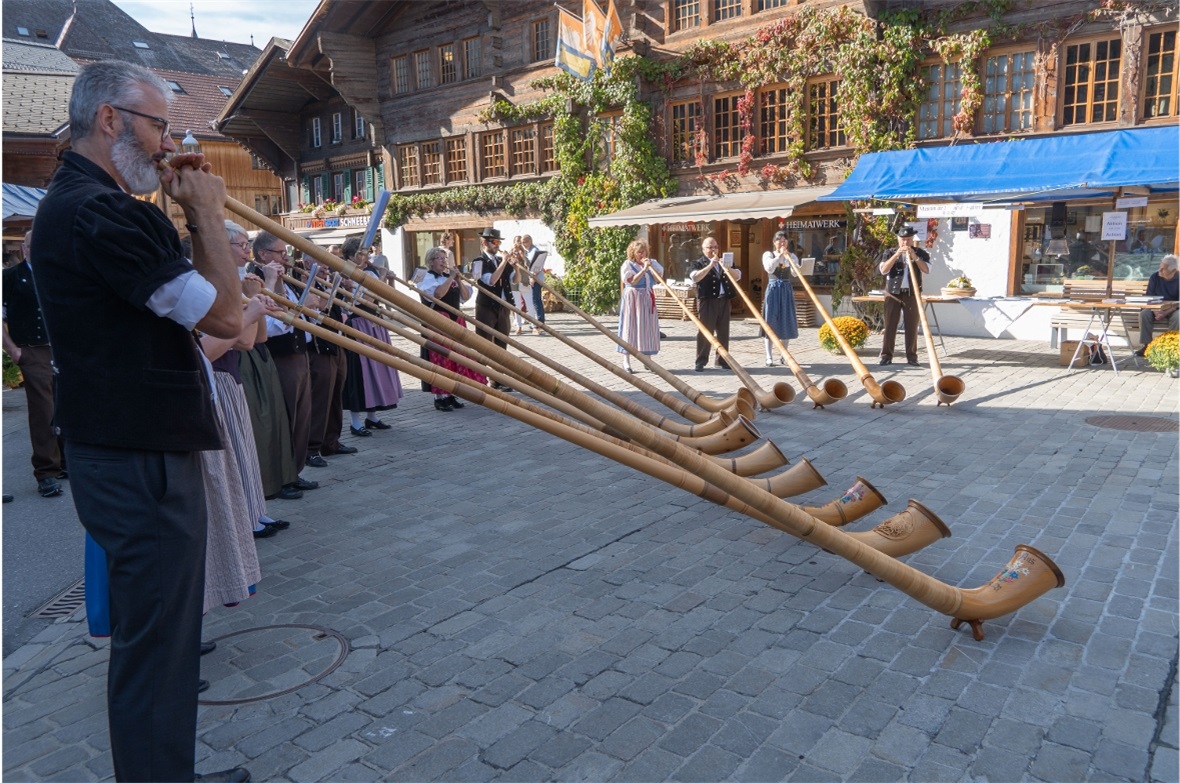 Der Gesamtchor der Alphornbläserinnen und -bläser.