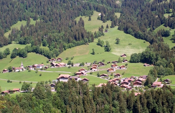 Der Hüpbach (rechts im bewaldeten Gebiet) entwässert mehr als zwei Quadrat-Kilometer Fläche unterhalb des Widdersgrinds.