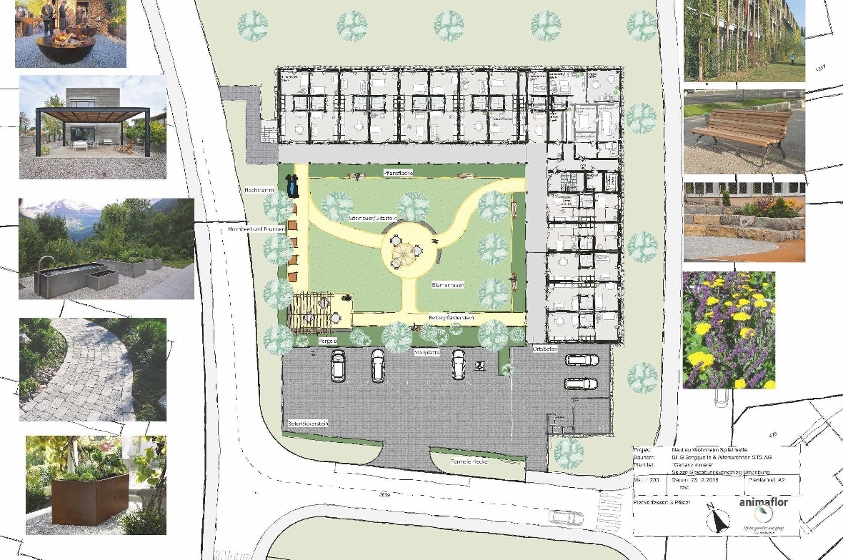 Der Neubau auf der Spitalmatte mit L-förmigem Grundriss, mit Gestaltungsvorschlag für den Garten.