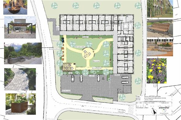 Der Neubau auf der Spitalmatte mit L-förmigem Grundriss, mit Gestaltungsvorschlag für den Garten.