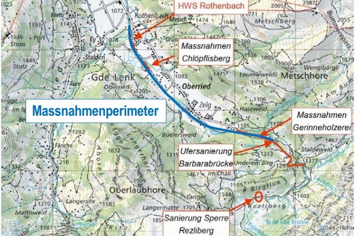Der Projekt- und Massnahmenperimeter: Ziel ist, das Dorf Lenk vor Hochwasserschä...