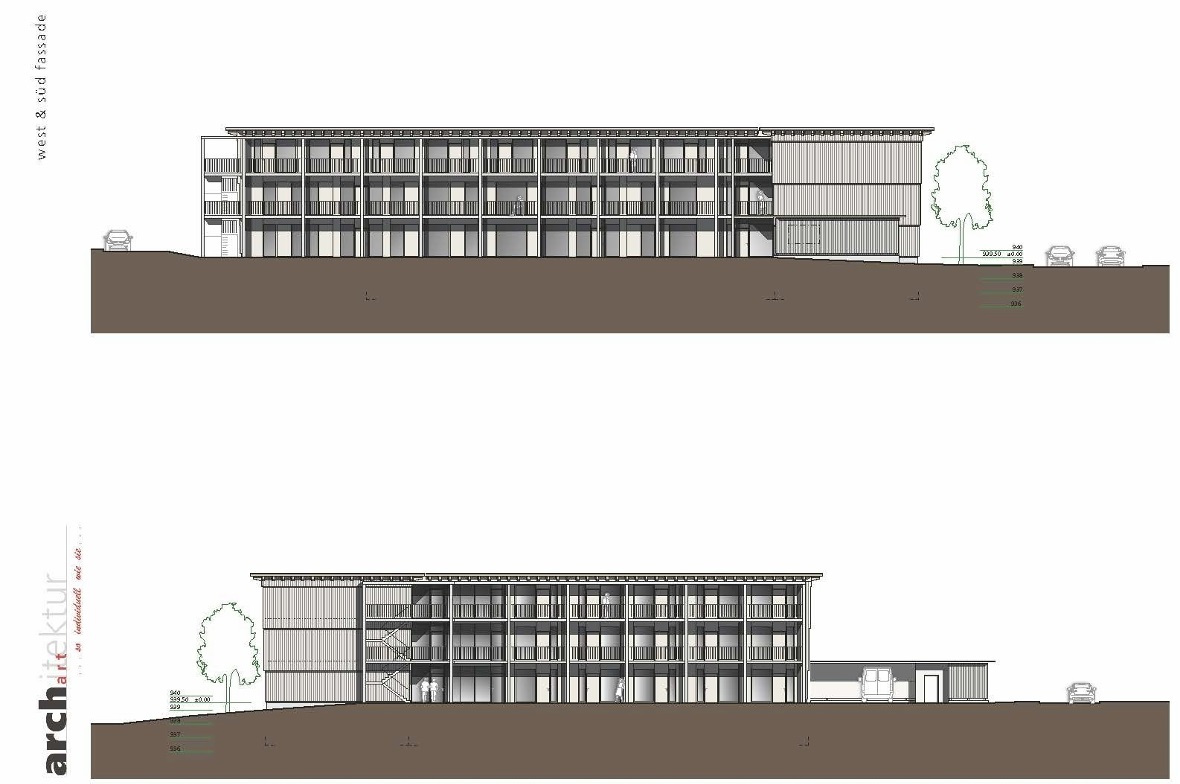 Die Ansicht der West- und Südfassade.