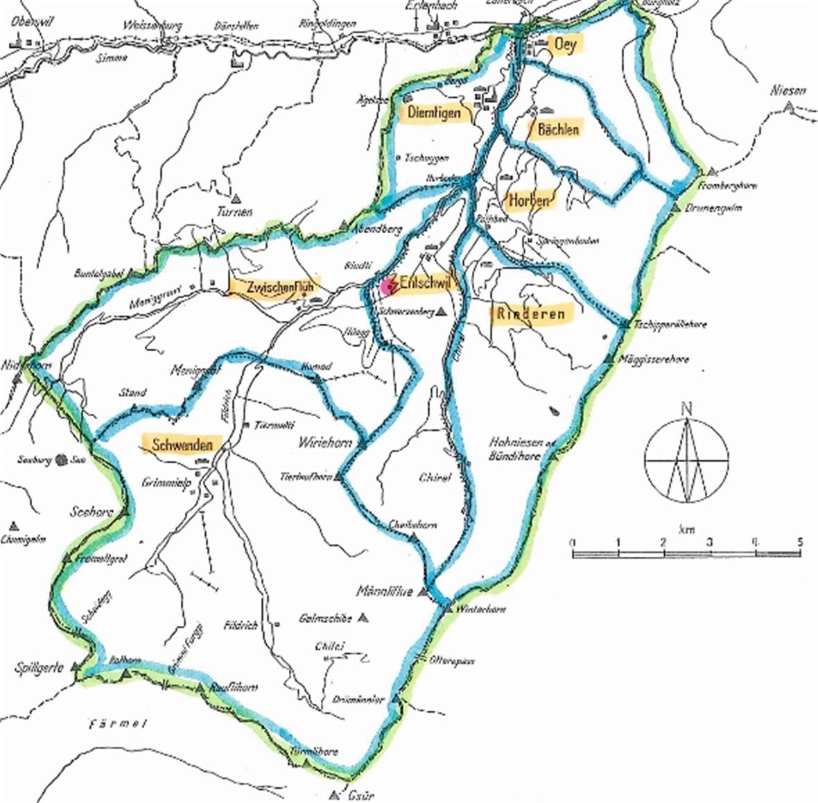 Sind die Tage der Unterabteilungen (Bäuerten) in der Gemischten Gemeinde Diemtigen gezählt? Die Bäuerten im Diemtigtal: Oey, Diemtigen, Bächlen, Horben, Riedern, Entschwil, Zwischenflüh, Schwenden und die Sporthalle in Zwischenflüh