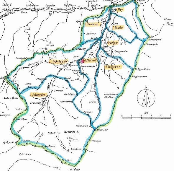 Die Bäuerten im Diemtigtal: Oey, Diemtigen, Bächlen, Horben, Riedern, Entschwil, Zwischenflüh, Schwenden und die Sporthalle in Zwischenflüh