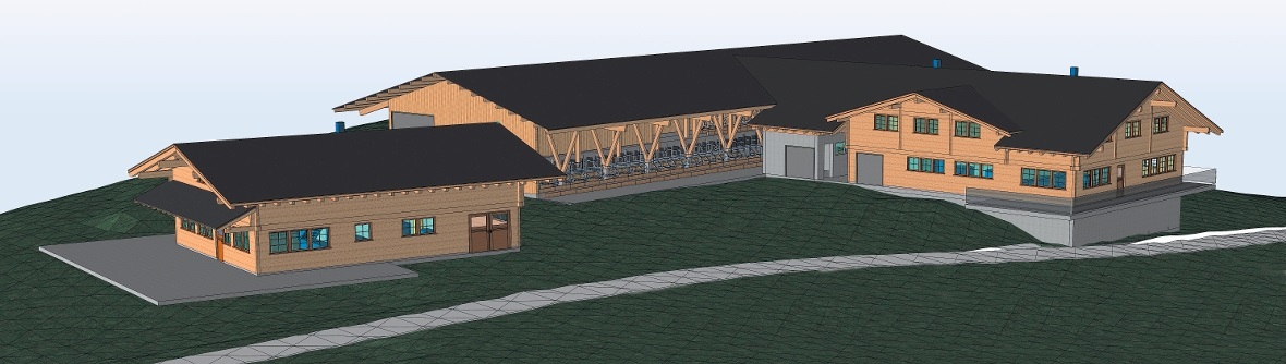 Die Projektvisualisierung des Alpbetriebs mit Alpbeizli und Ökonomiegebäude: Hin...