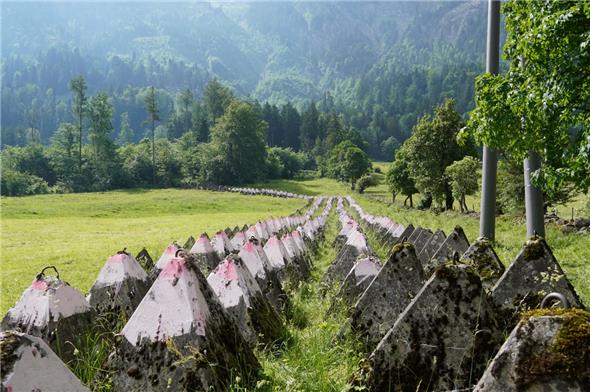 Die bemalten Panzersperren ziehen sich durch die Wiese in Wimmis.