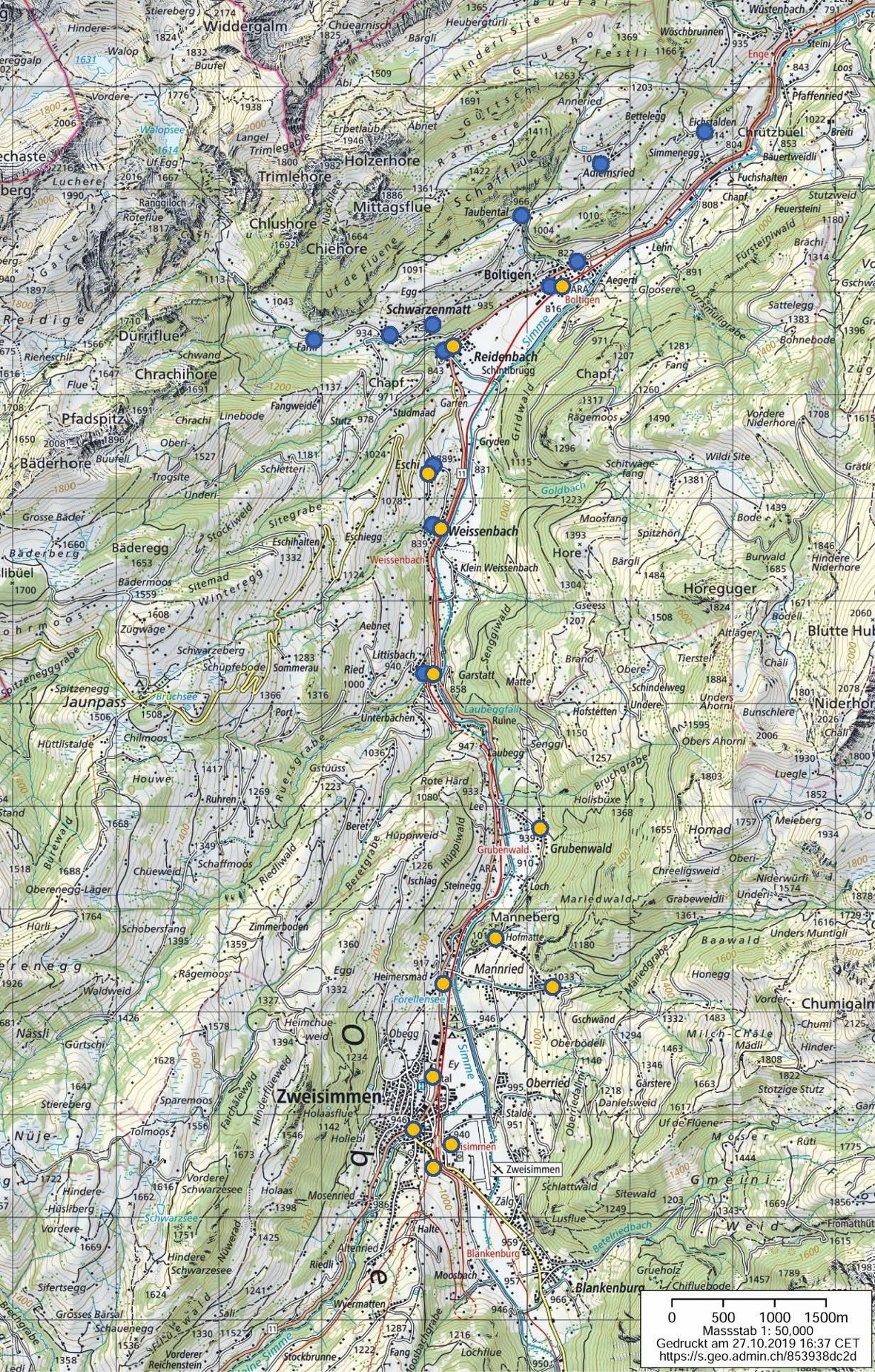 Die blauen Punkte entsprechen den festgelegten Standorten der Mitfahrbänkli. Die...