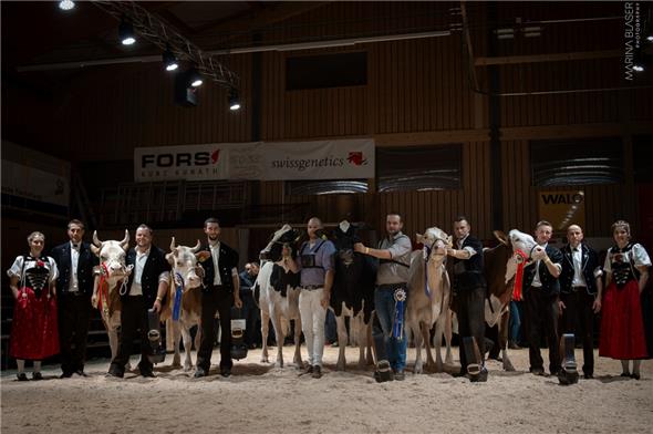 Ehrendame Alexandra Iseli, Ringmann Stefan Rufener, Miss Schöneuter Simmental, Miss Simmental, Miss RH/Ho, Miss Schöneuter RH/Ho, Miss SF Schöneuter, Miss SF mit Besitzern, Richter Peter Brügger sowie Ehrendame Myriam Zurbuchen.