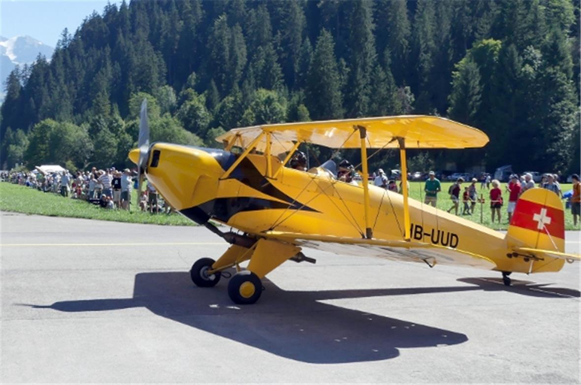 Ein gelber Bücker Jungmann-Doppeldecker vor der beeindruckenden Besucherkulisse.