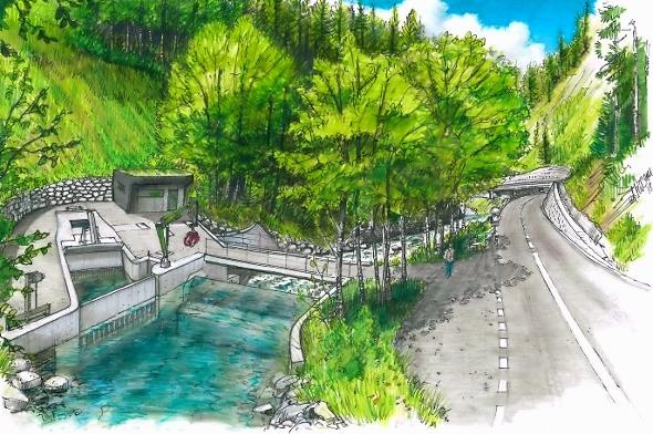 Einlauf-Bauwerk oberhalb des Laubeggfalls (Sicht flussabwärts).