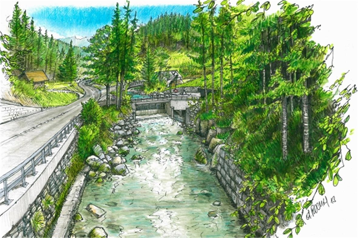 Einlauf-Bauwerk oberhalb des Laubeggfalls (Sicht flussaufwärts).