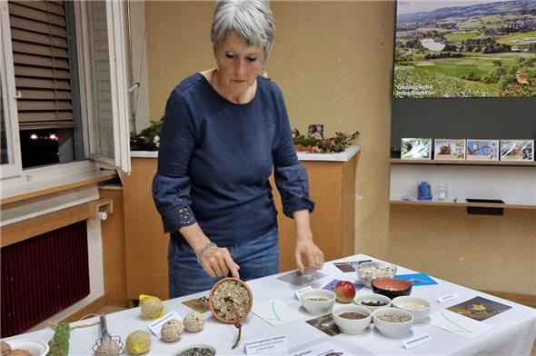 Feldornithologin Myrta Wüthrich zeigte Beispiele von geeignetem und ungeeignetem Vogelfutter.