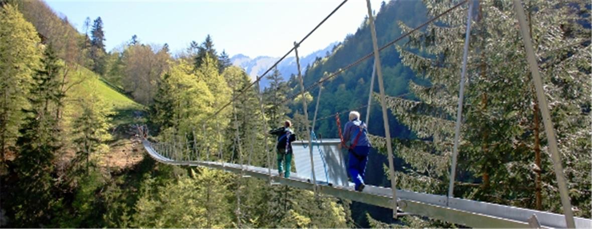 111 Meter lange Hängebrücke über die Bunschenschlucht Furchtlose Helfer tragen ein 102 kg schweres Element über die Brücke zu den Brückenbauern.
