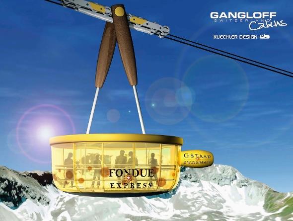 Gangloff liefert die Kabine in Form eines Fondue Caquelons. Dank einer neuartigen nanotechnischen Farbe, wird diese Gondel sogar das Wild beruhigen.