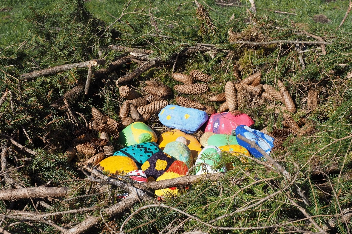 Grosses Vogelnest mit bunten Eiern.