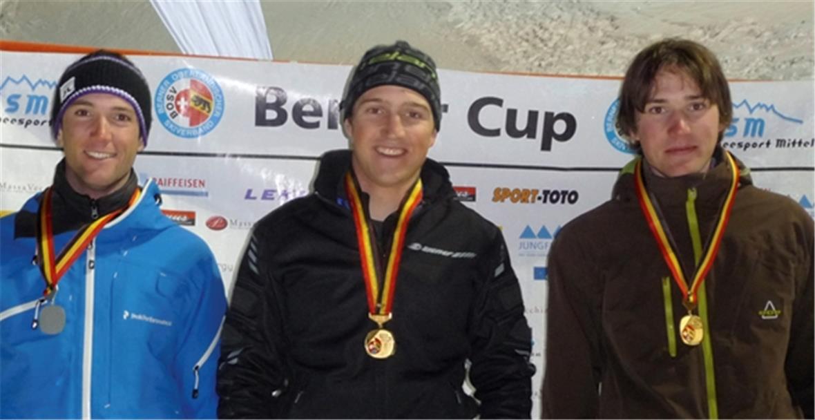Herren Elite und BOSV-/SSM-Meisterschafts-Slalom-Podest (v.l.): 2. Rolf Marmet, Lenk; 1. Ruedi von Känel, Kiental; 3. Björn Marmet, Lenk.