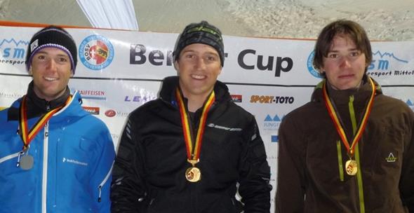 Herren Elite und BOSV-/SSM-Meisterschafts-Slalom-Podest (v.l.): 2. Rolf Marmet, Lenk; 1. Ruedi von Känel, Kiental; 3. Björn Marmet, Lenk.