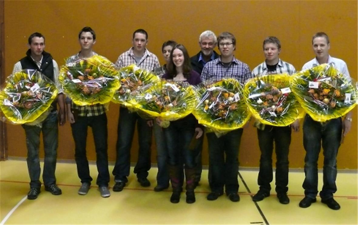 Im Anschluss an die Gemeindeversammlung wurden die Lehrabgänger oder Schüler mit einem Durchschnitt von mehr als 5,3 geehrt: Marco Matti, Abschluss der Lehre und Berufsmatur mit jeweils 5,8; Jonas Bergmann, Landwirt 5,3; Stefan Kuhnen, Anlehre als Milchproduktionsverarbeiter 5,4; Käthi Rösti (versteckt) überreichte die Blumen im Namen der Gemeinde; Roxana Gobeli, Matur 5,6; Fritz Perren, Gemeindepräsident; Michael Zahler, Bauzeichner 5,6 Berufsmatur 5,5; Adrian Gobeli, Zimmermann 5,4; David Kurzen, Schreiner 5,4.