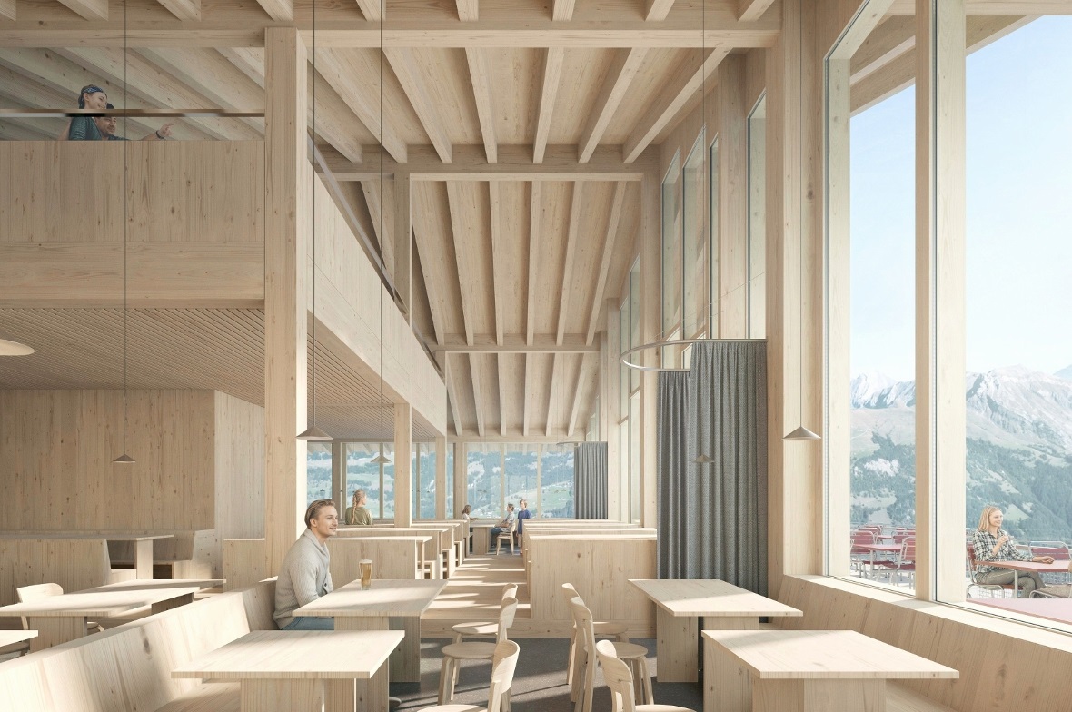 Im visualisierten Berghaus Leiterli wird ein lichtdurchfluteter Gastronomiebetrieb entstehen. Gäste bestellen und bezahlen am Tisch, das Essen wird serviert.