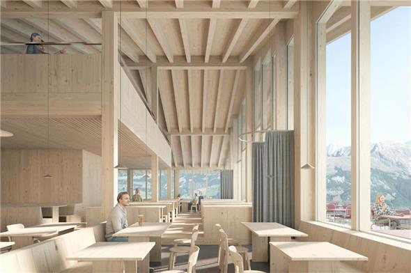 Im visualisierten Berghaus Leiterli wird ein lichtdurchfluteter Gastronomiebetrieb entstehen. Gäste bestellen und bezahlen am Tisch, das Essen wird serviert.