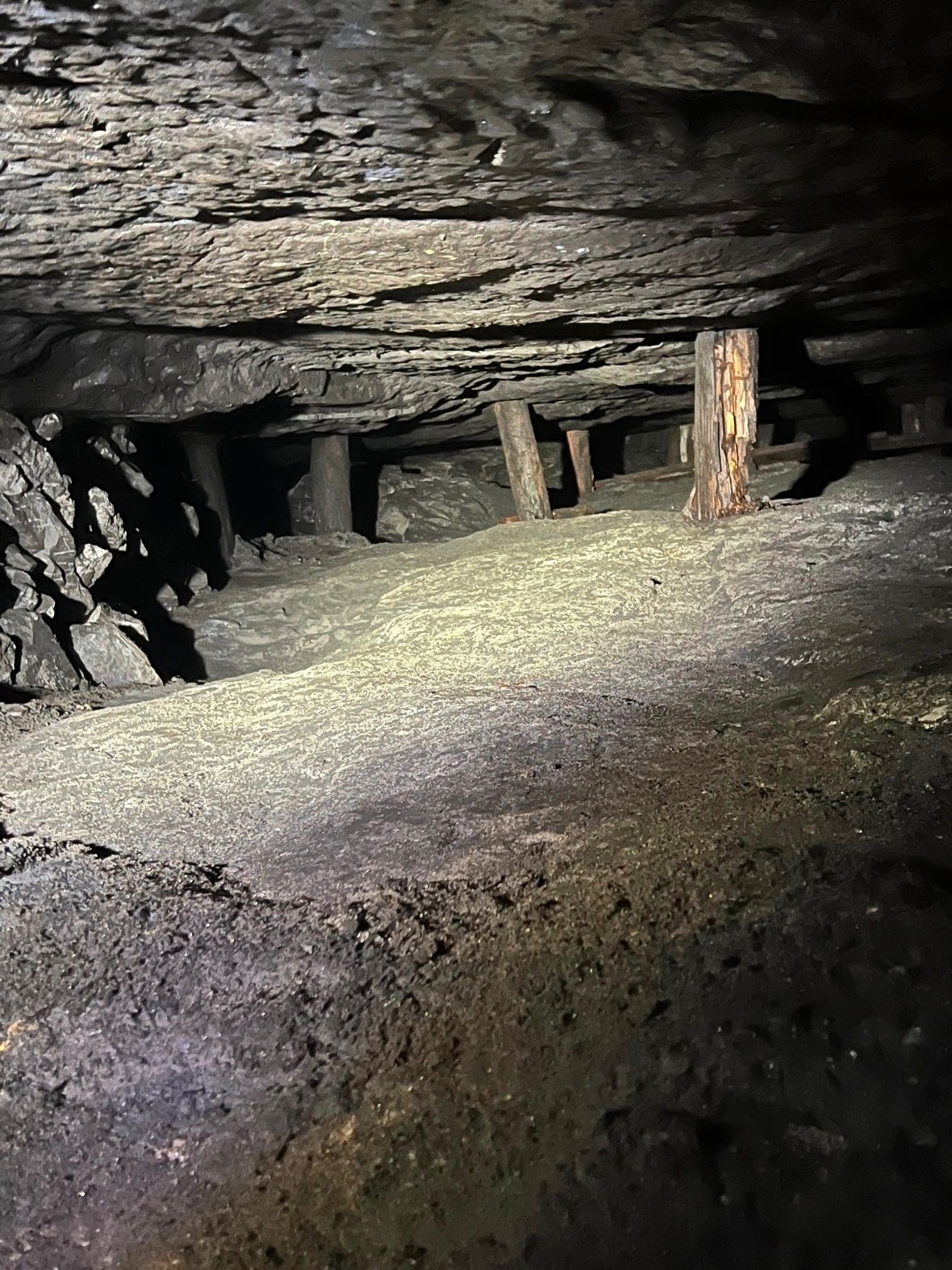 Kohlebergwerke Boltigen: Sicherungen mit Holzstämmen im Stollen.