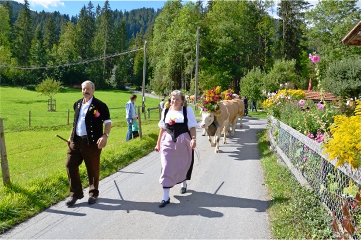 Mit Stolz führen die Älpler ihre «Zügleten» an. Aus Ruefsstafel sind es Werner und Erna Freidig in Chüjermutz und Bernertracht.