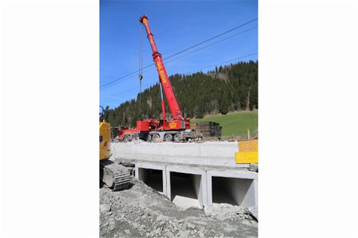 Mit diesem 350 Tonnen Kran wurden die bis zu 50 Tonnen schweren Elemente.