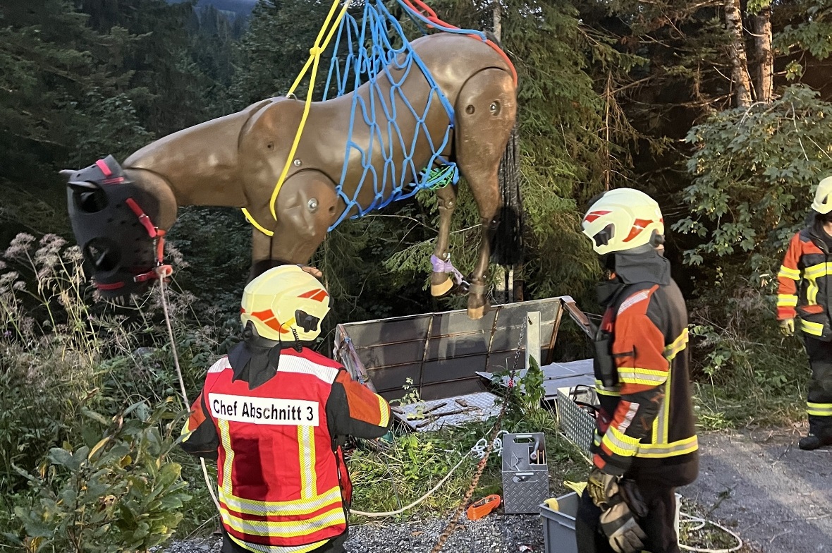 Mithilfe des Rettungsnetzes konnte das Tier, eine Attrappe, aus seiner misslichen Lage befreit werden.