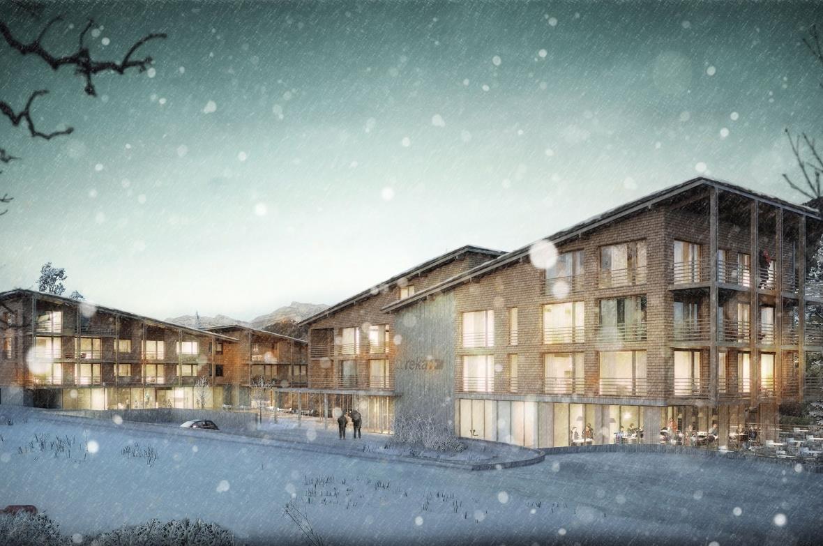 Modell der Aussenansicht der neuen, geplanten Reka-Ferienanlage.