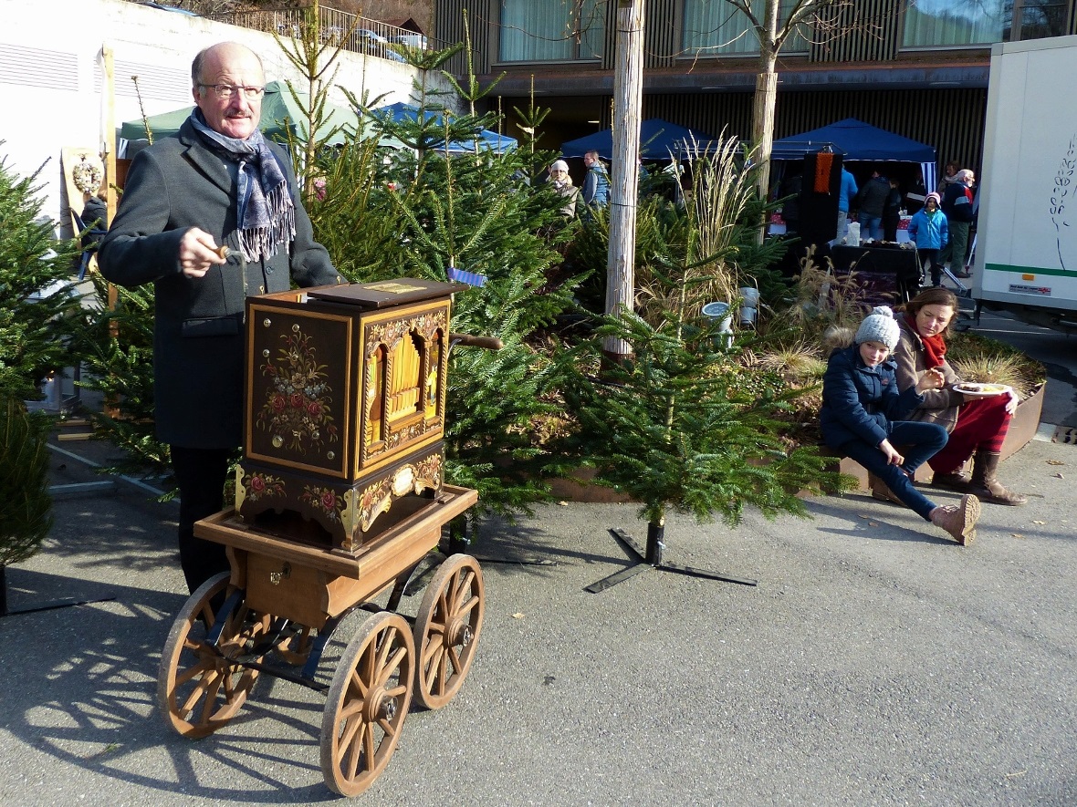Niklaus Jutzeler mit seiner Drehorgel beim Weihnachtsbaum-Wald.