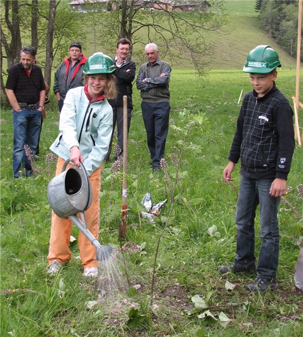 Patricia Reber, Schülerin aus Schwenden, beim Begiessen der gepflanzten Vogelbeersträucher, im Hintergrund verfolgen Markus Bähler, Martin Wiedmer, Markus Mösching und Peter Knutti, Gemeindepräsident, das Geschehen.