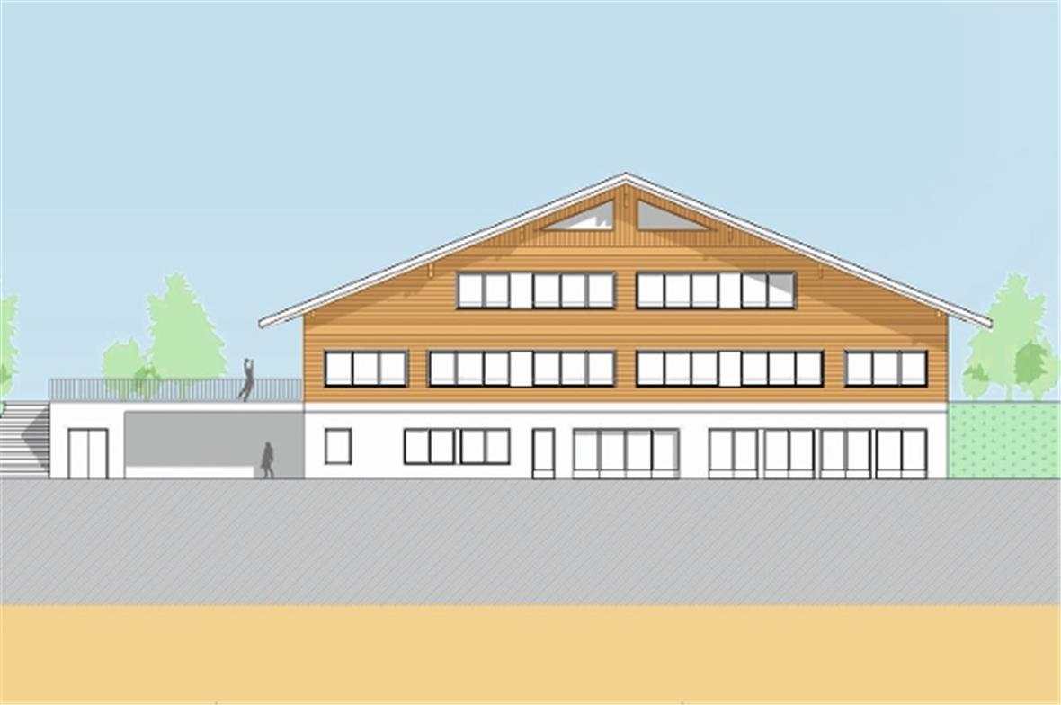 Projekt-Aussenansicht des gewählten Neubaus am Standort Augit.