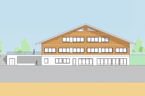 Projekt-Aussenansicht des gewählten Neubaus am Standort Augit.