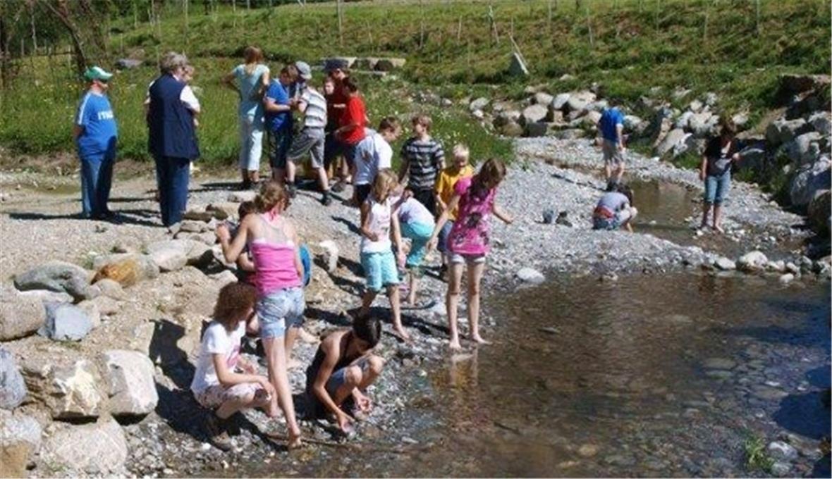Schulklasse beim Erkunden des Wassers.