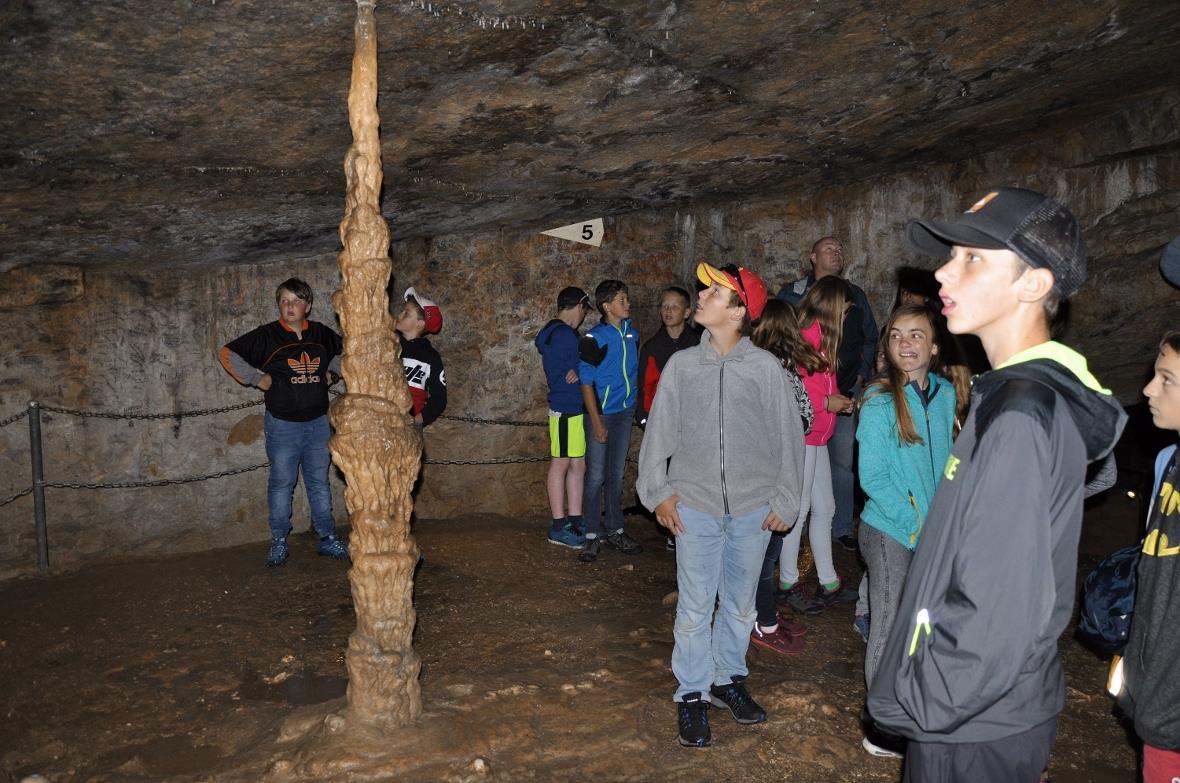 Sichtlich beeindruckt bewundern die Schüler die zusammengewachsenen Tropfsteine ...