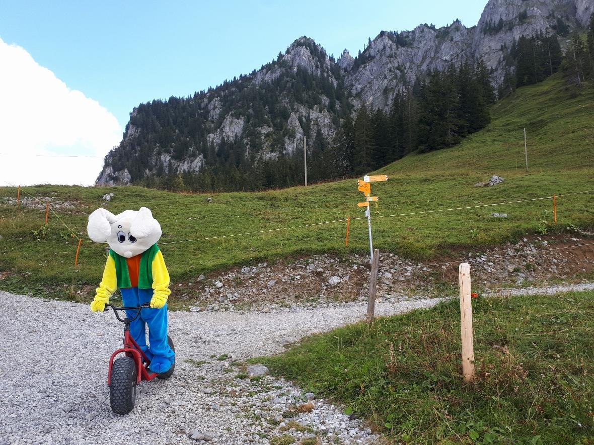Snowli beim Trottinettfahren
