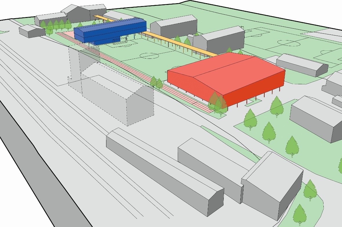 So könnte das Schulhausareal künftig aussehen: die neue Doppelturnhalle (rot), der Modulbau (blau) und der Laubengang (gelb) ergänzen die bestehenden Gebäude.