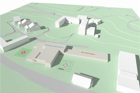 So könnte ein neues Spital aussehen: Das Konzept der GSS sieht einen Flachbau vor, der zwischen dem heutigen Spital und der Kantonsstrasse liegen könnte.