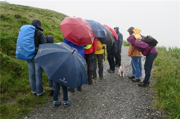 Trotz Regen hört die Gruppe interessiert zu.