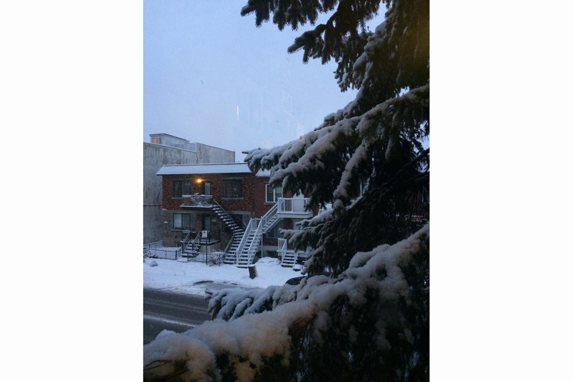 Typischer Winterausblick: Verschneite Wohnbauten im amerikanischen Stil.