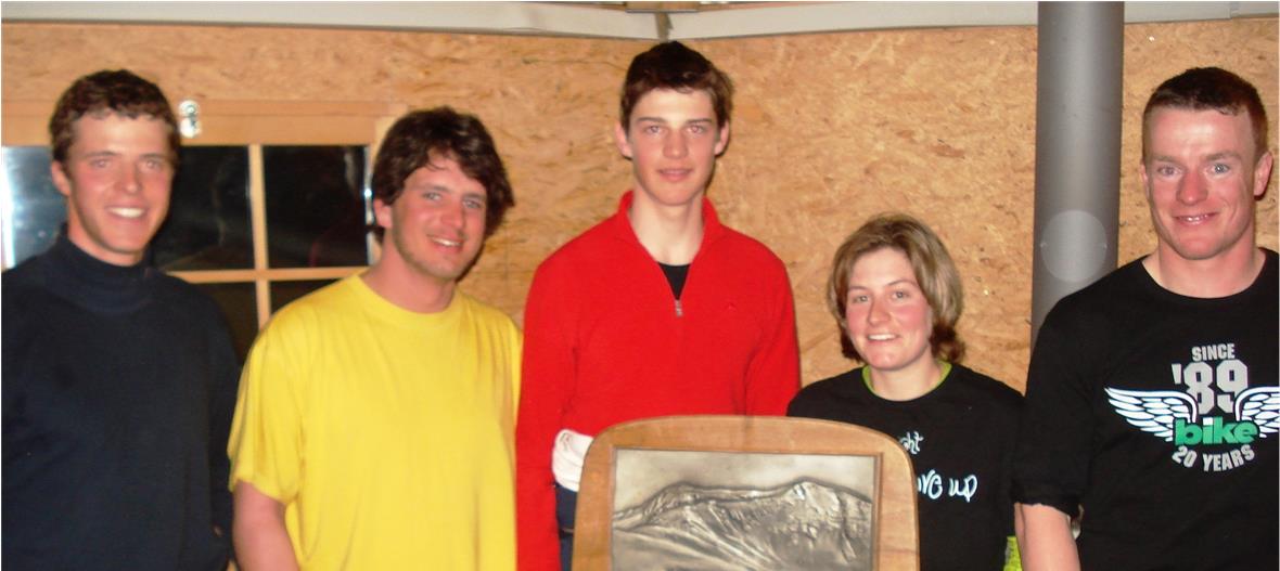 Vlnr. Stephan Rösti Präsident SC Zweisimmen mit den Gewinnern Lukas Matti, Bruno Steiner, Claudia Dubler und Nicolas Moser.