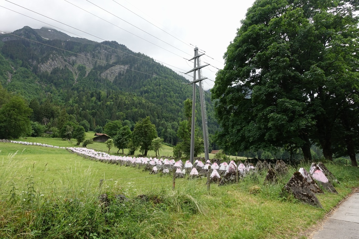 Vom Wegesrand schon gut zu erkennen: Ein Band von farbigen Panzersperren.