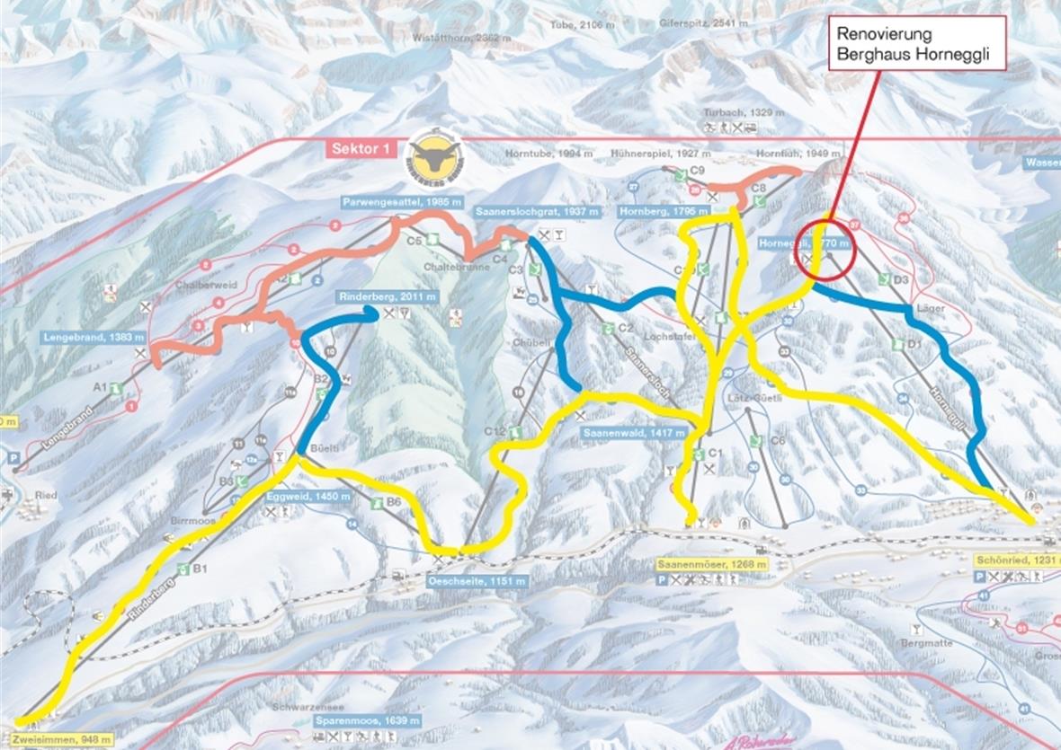 Bergbahnen erhöhen das Investitions-Tempo Zustand und Planung der Beschneiungsanagen der Bergbahnen Destination Gstaad. / gelb: bereits beschneite Pisten / blau: Beschneiung ab Winter 2009/2010 / rot: zusätzliche Beschneiung in den Folgejahren